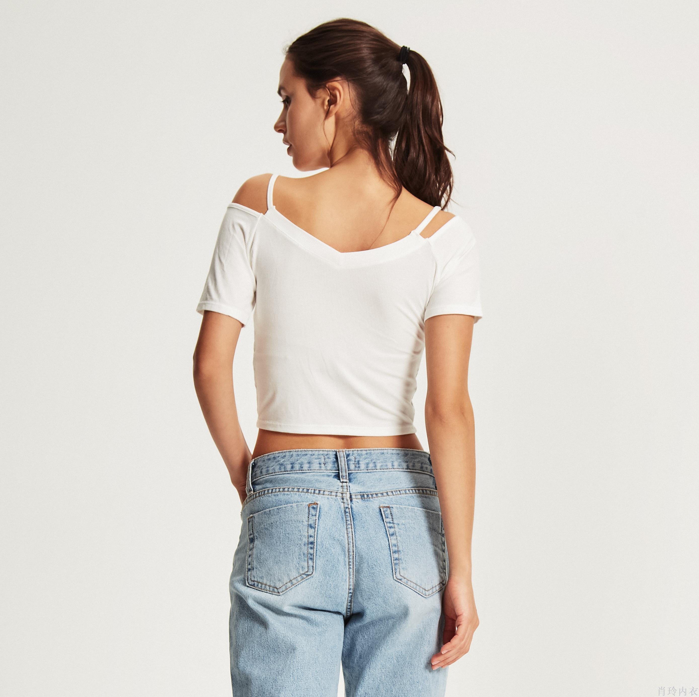 New Sexy Crop Ribbed Cotton Short Sleeved Short Sleeved Slim Stretch Close-Fitting Off-The-Shoulder Fitness Yoga Movement Application Scenario