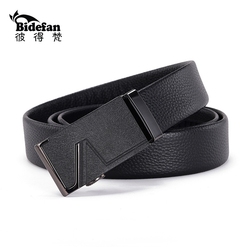 Leather Belt Automatic Buckle Layer Cowhide Lychee Grain Frosted Buckle New Cross-Border E-Commerce Peter Van details Picture