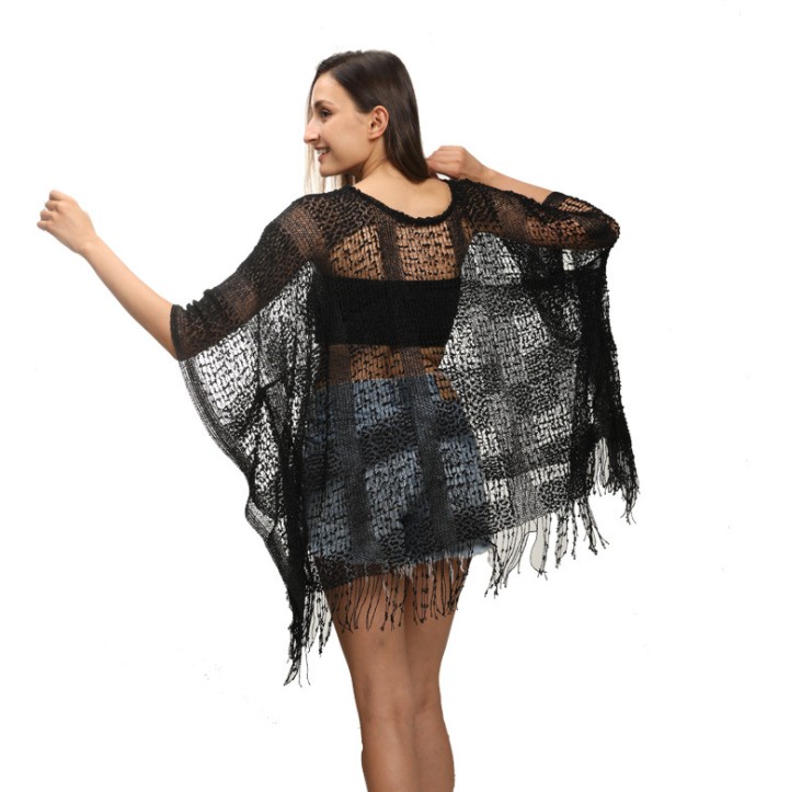 European and American fashion hollow splicing tassel pullover cape bat sleeve large size cape sweater details Picture