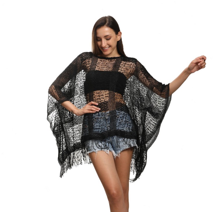 European and American fashion hollow splicing tassel pullover cape bat sleeve large size cape sweater Application Scenario