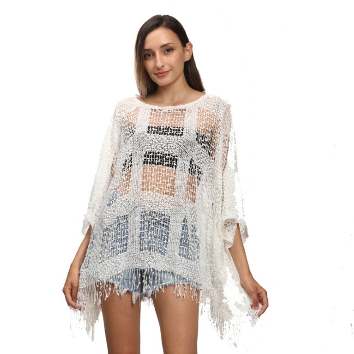 European and American fashion hollow splicing tassel pullover cape bat sleeve large size cape sweater Specification drawing