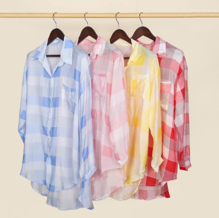 Women's long-sleeved plaid shirt sun-protective jacket, loose mid-length plaid shirt sun-protective clothing