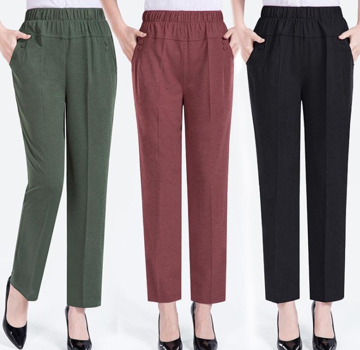 Middle-aged and elderly nine-inch pants, summer pants for mothers, thin and loose women's pants, stretch casual pants, high waist