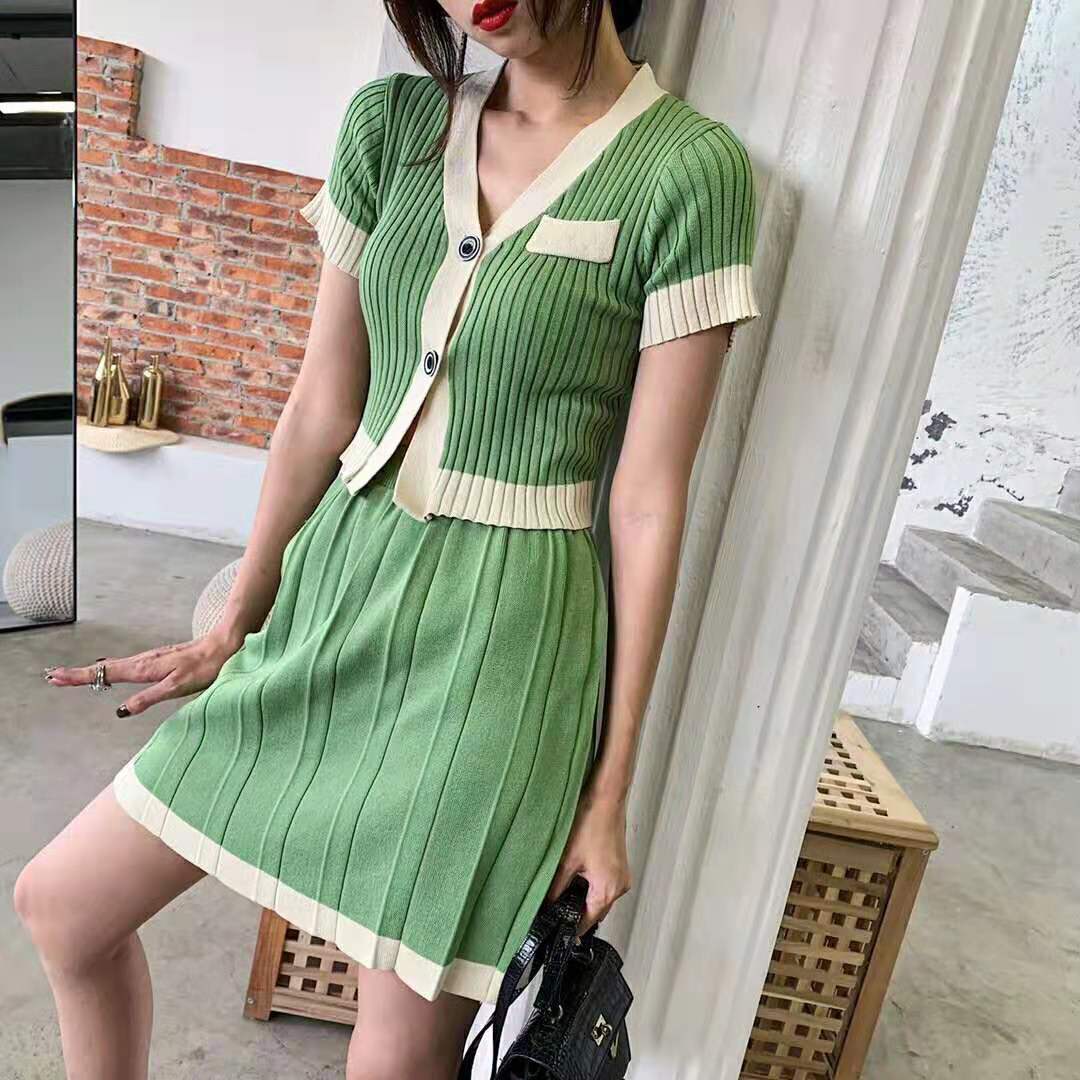 A short V-neck, color-blocking, waist-cinching, thin knitted sweater, T-shirt, top and short skirt two-piece set for women details Picture