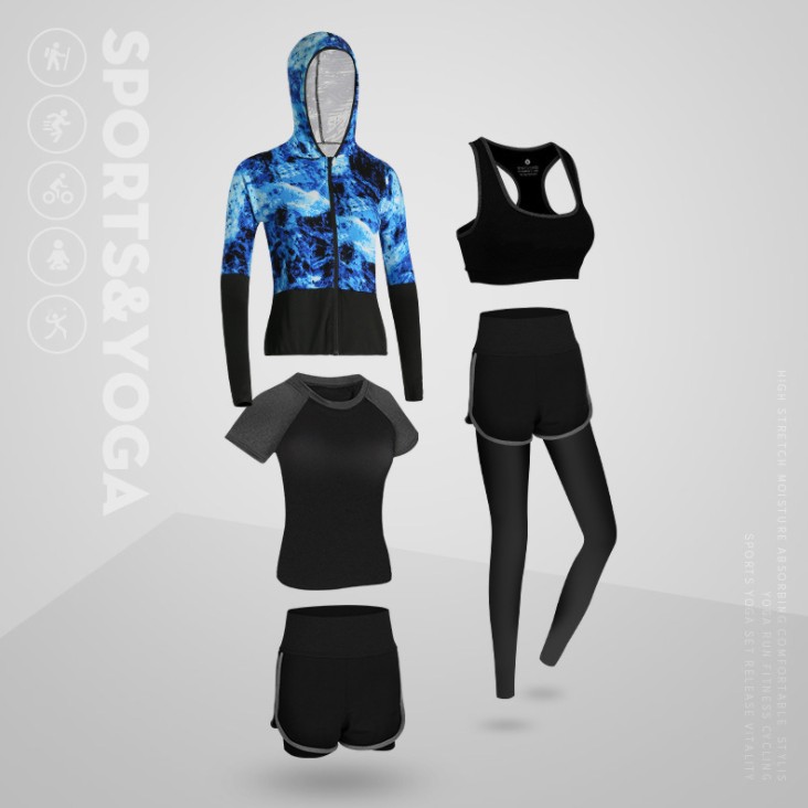 夏季女五件套运动户外套装跑步宽松瑜伽服夏健身服细节图