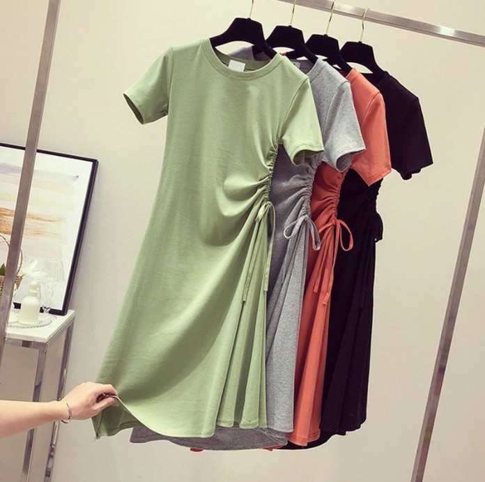 Avocado green dress summer waist slimming drawstring foreign Korean version of student T-shirt skirt girl