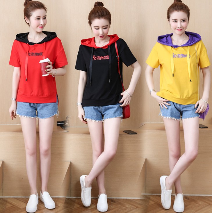Fat MM fashion loose thin casual printed hoodie short sleeve top for women