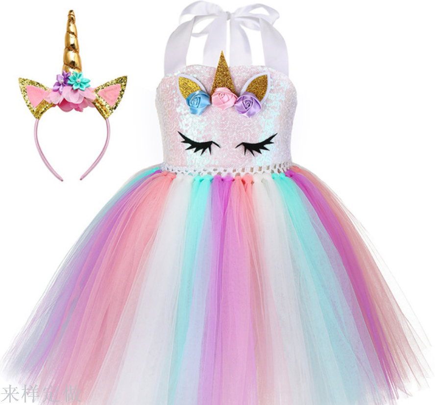 2019新款亮片女童礼服裙 现货独角兽连衣裙 演出服 儿童亮片纱裙