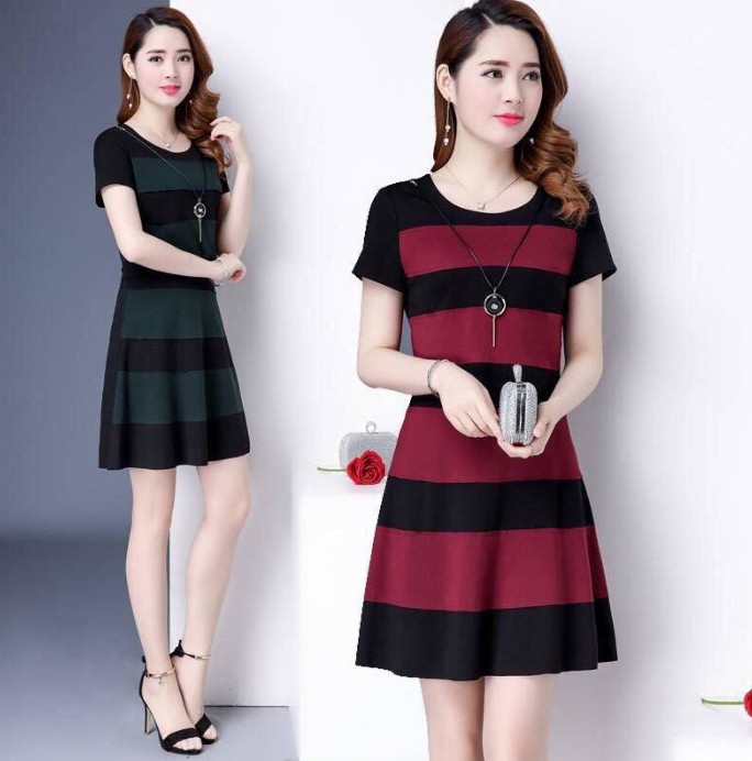Plus-size young mother summer dress short-sleeved dress age reduction leave two short man bellow striped dress woman