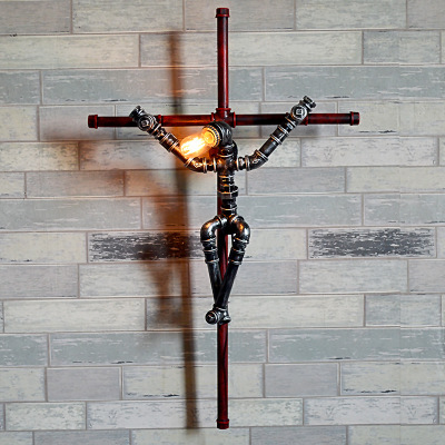 Retro wrought iron pipe wall lamp, Holy Lord Jesus Cross, decorative lighting, creative household industrial style