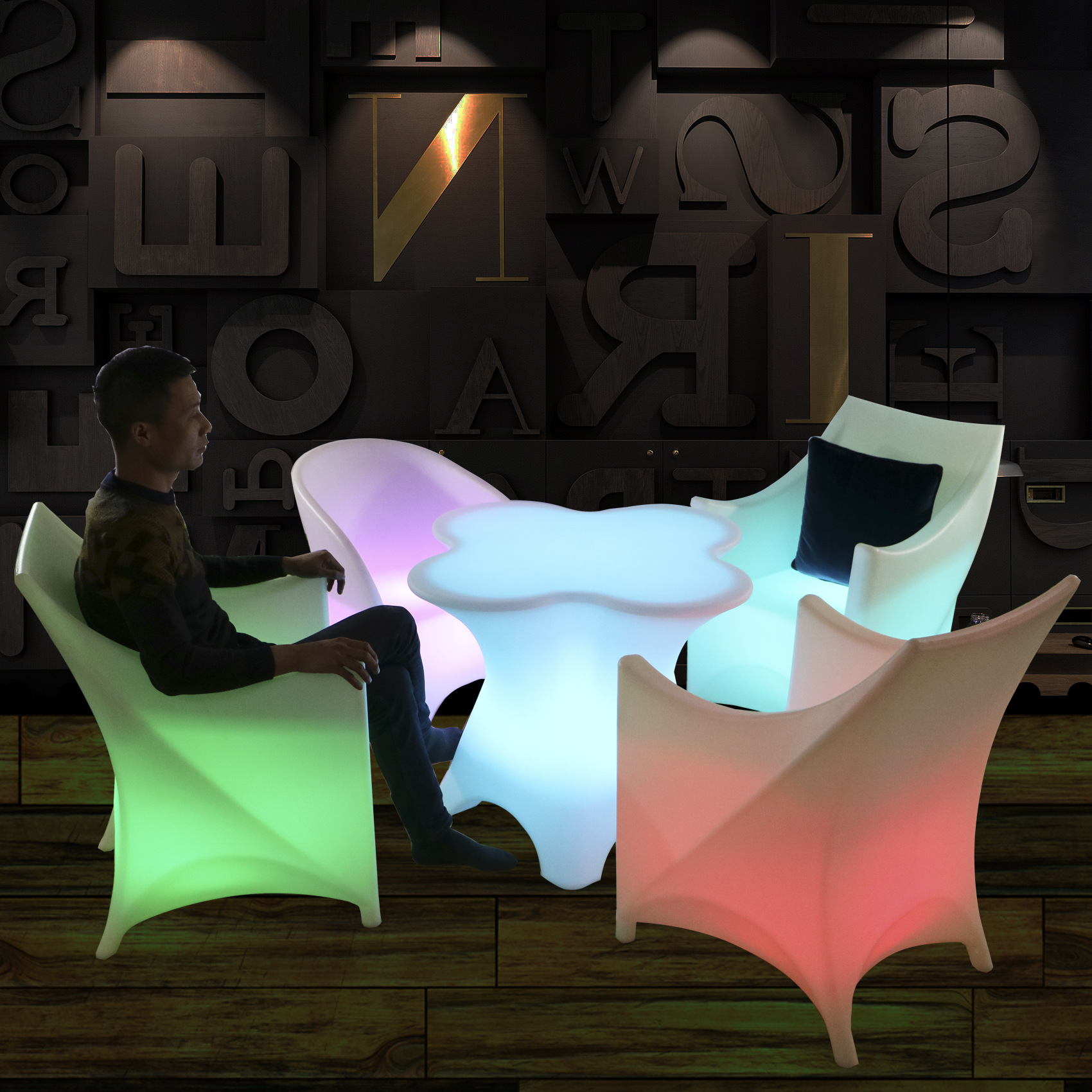 led发光桌椅组合咖啡厅创意遥控七彩变色梅花桌椅 防水产品图