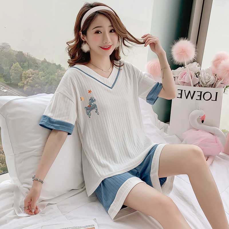 睡衣女夏季薄款纯棉短袖短裤夏天学生女士韩版清新家居服产品图