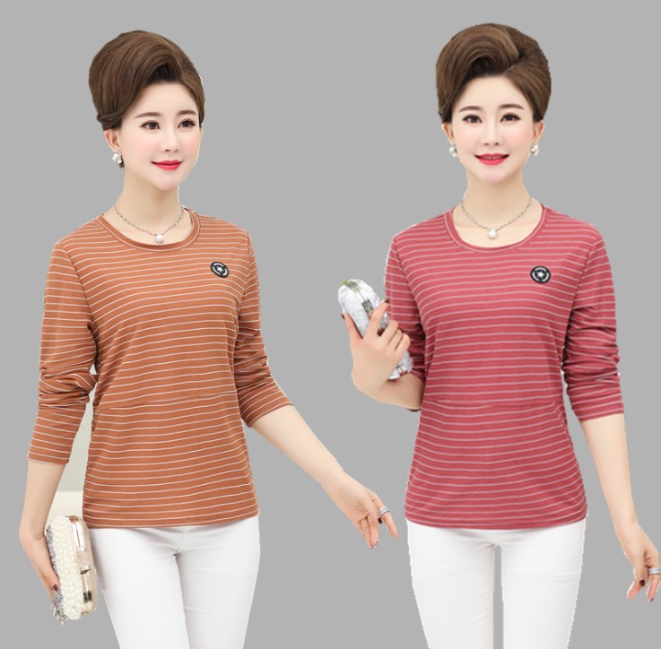 Spring and autumn tops, round-neck long-sleeved T-shirts for mothers, loose clothes for middle-aged and elderly people aged 40 to 50 details Picture