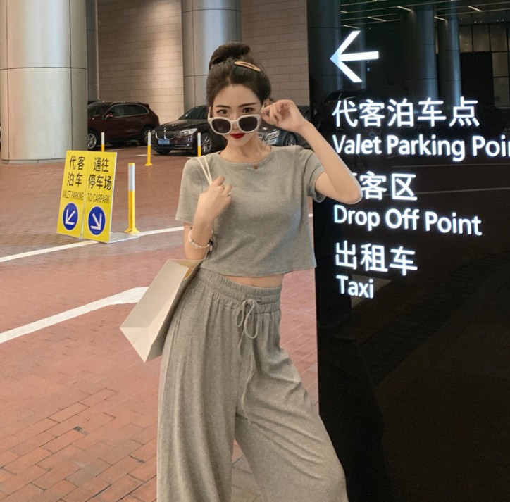 Solid color fitted short navel exposed short-sleeved T-shirt for women, elastic high-waisted wide-leg pants set Specification image