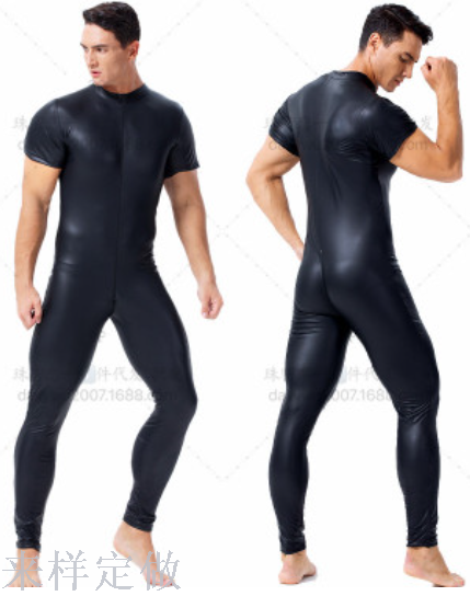 漆皮紧身连体衣性感男士双拉链头开裆演出服夜店舞台ds短袖