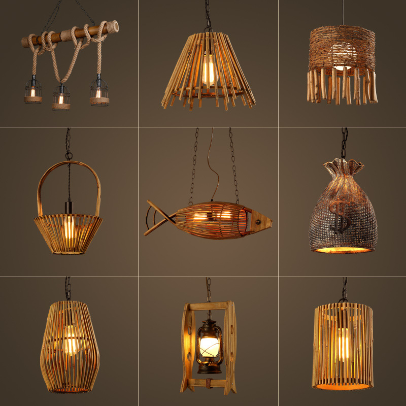Chinese hotel Nongjiale teahouse restaurant chandelier Japanese wood art rattan art bamboo weaving chandelier Specification drawing