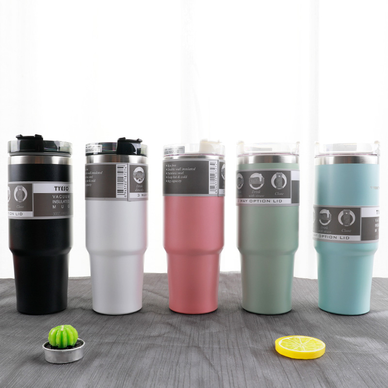 890ML large capacity 12# coffee cup 304 stainless steel car thermos cup with straw thumbnail