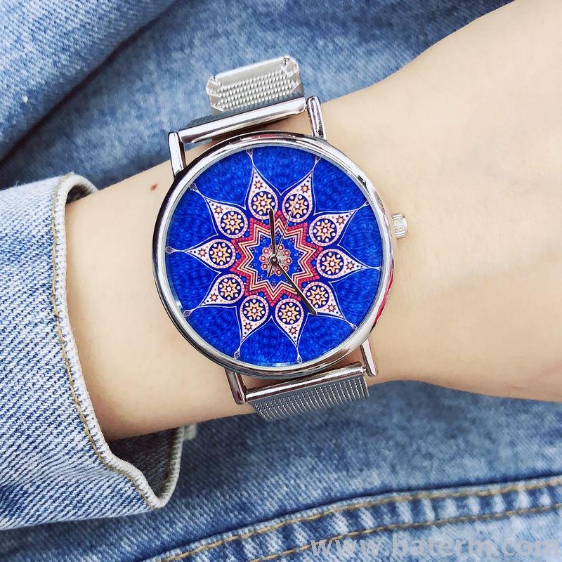 新款时尚波西米亚风蓝色花网带女士手表 民族风手表