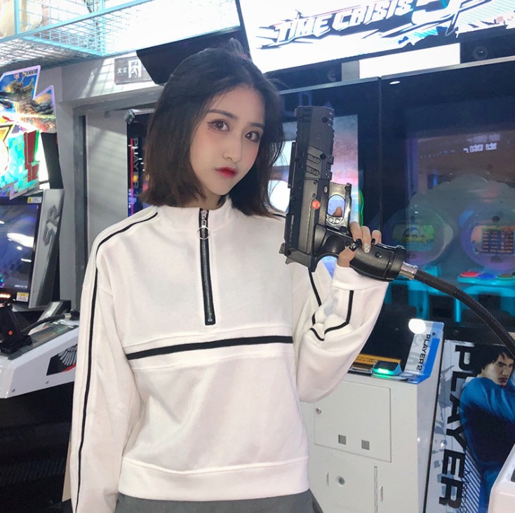 High-neck Haraju-style loose and versatile half-zipper pullover hoodie jacket, student top details Picture