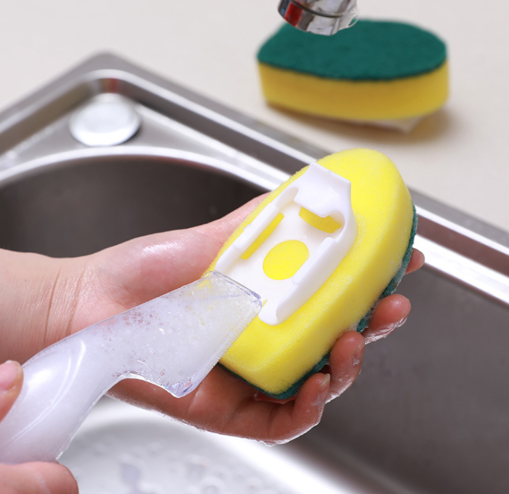 Kitchen pot brush with detachable handle, liquid addition, squeeze sponge head cleaning brush, powerful decontamination and dishwashing brush Specification image