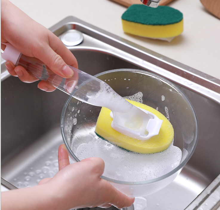 Kitchen pot brush with detachable handle, liquid addition, squeeze sponge head cleaning brush, powerful decontamination and dishwashing brush Application Scenario