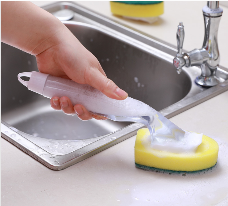 Kitchen pot brush with detachable handle, liquid addition, squeeze sponge head cleaning brush, powerful decontamination and dishwashing brush