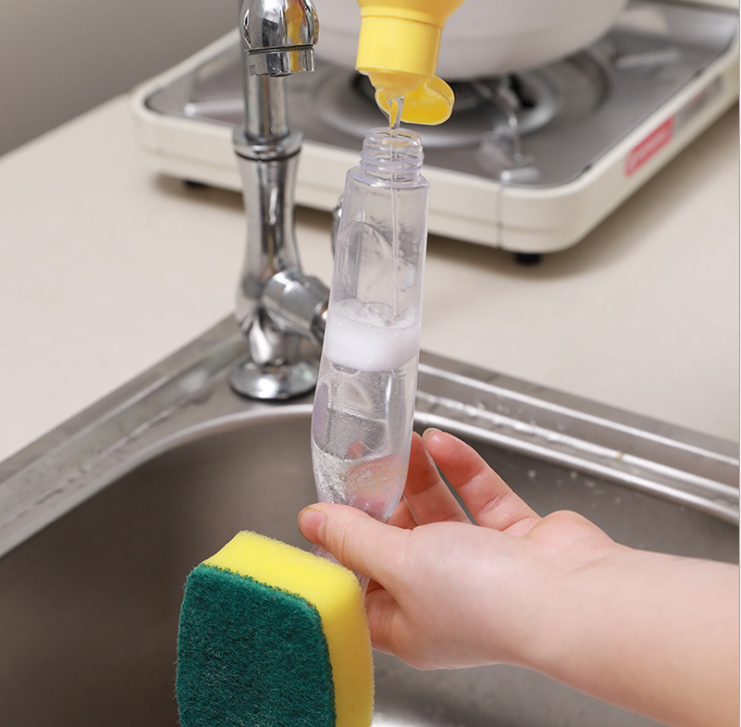Kitchen pot brush with detachable handle, liquid addition, squeeze sponge head cleaning brush, powerful decontamination and dishwashing brush details Picture