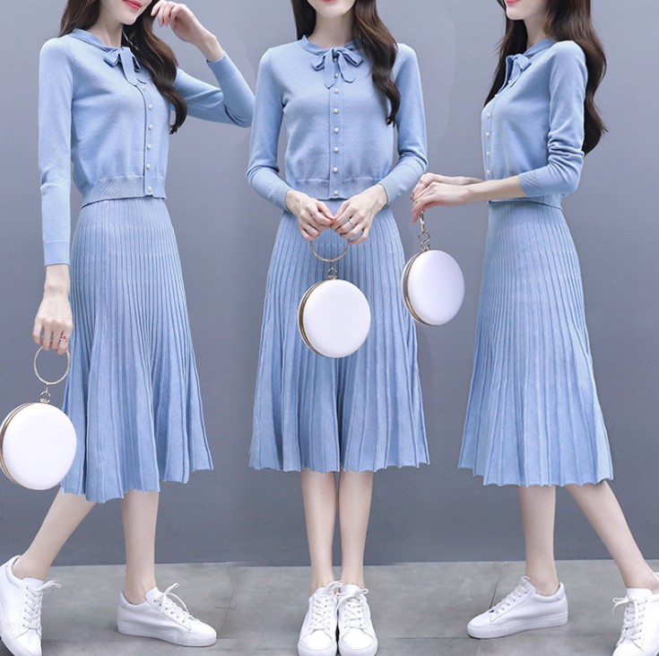 New chanel-style knitted sweater, women's top, woolen skirt, sweet two-piece set, pleated skirt