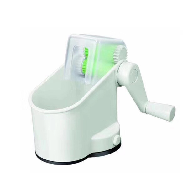 The new V pea peeler features a fixed suction cup base, a hand-cranked peeler, a spilling-proof peeler, and a storage jar