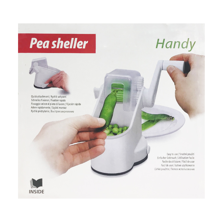 The new V pea peeler features a fixed suction cup base, a hand-cranked peeler, a spilling-proof peeler, and a storage jar details Picture