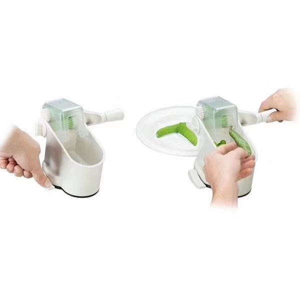 The new V pea peeler features a fixed suction cup base, a hand-cranked peeler, a spilling-proof peeler, and a storage jar Specification image
