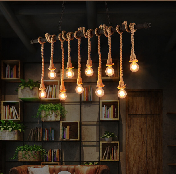 American industrial style retro wrought iron bar, cafe and restaurant personalized creative corridor staircase plumbing rope chandelier details Picture