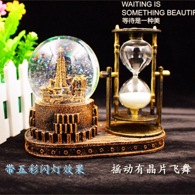 复古铁塔流沙闪灯水晶球旋转音乐盒学生生日礼物家居装饰图