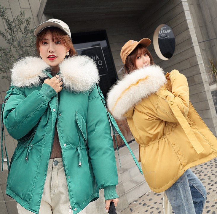 短款飘带女修身大毛领羽绒棉服时尚百搭连帽防寒服