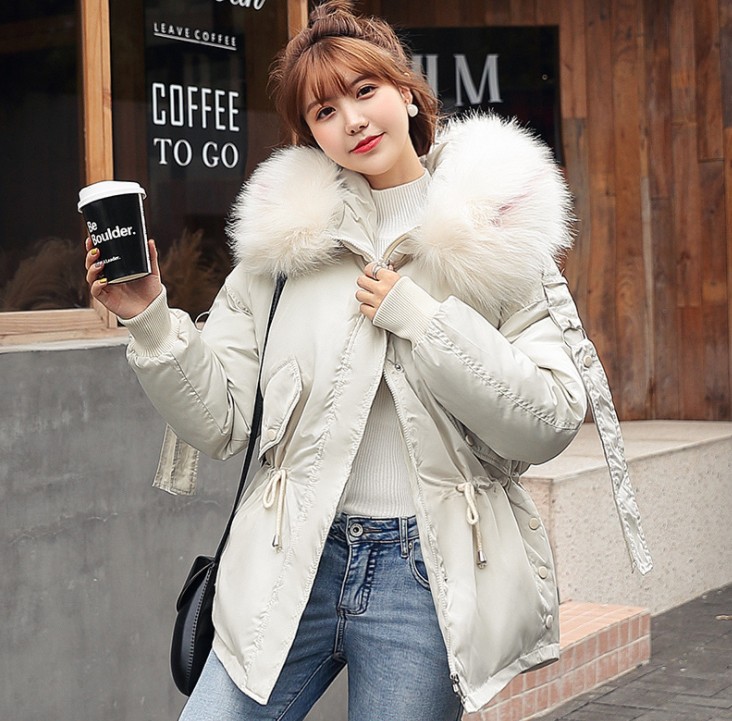 Short ribbon women slim-fit big hair collar down quilted jacket fashion all match hooded winter clothing