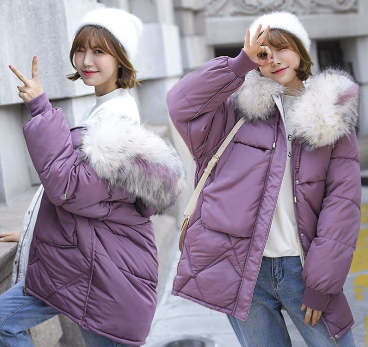 Medium long cotton-padded woman loose bf bread suit with a big fur collar cotton-padded coat coat