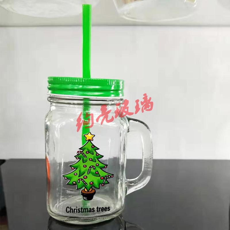 圣诞玻璃杯果汁杯 1841吸管杯带盖子冷饮杯产品图