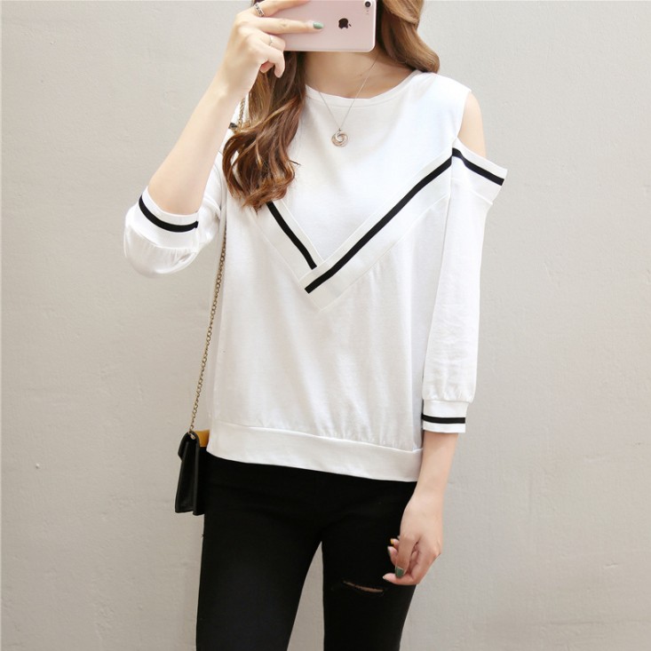 Spring and Autumn new versatile T-shirt for women, 7-inch sleeved off-the-shoulder long-sleeved sexy half-sleeved top details Picture