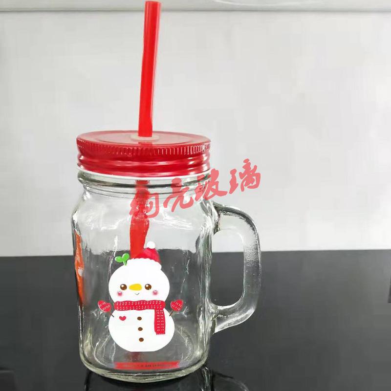 圣诞玻璃杯果汁杯 1841吸管杯带盖子冷饮杯细节图