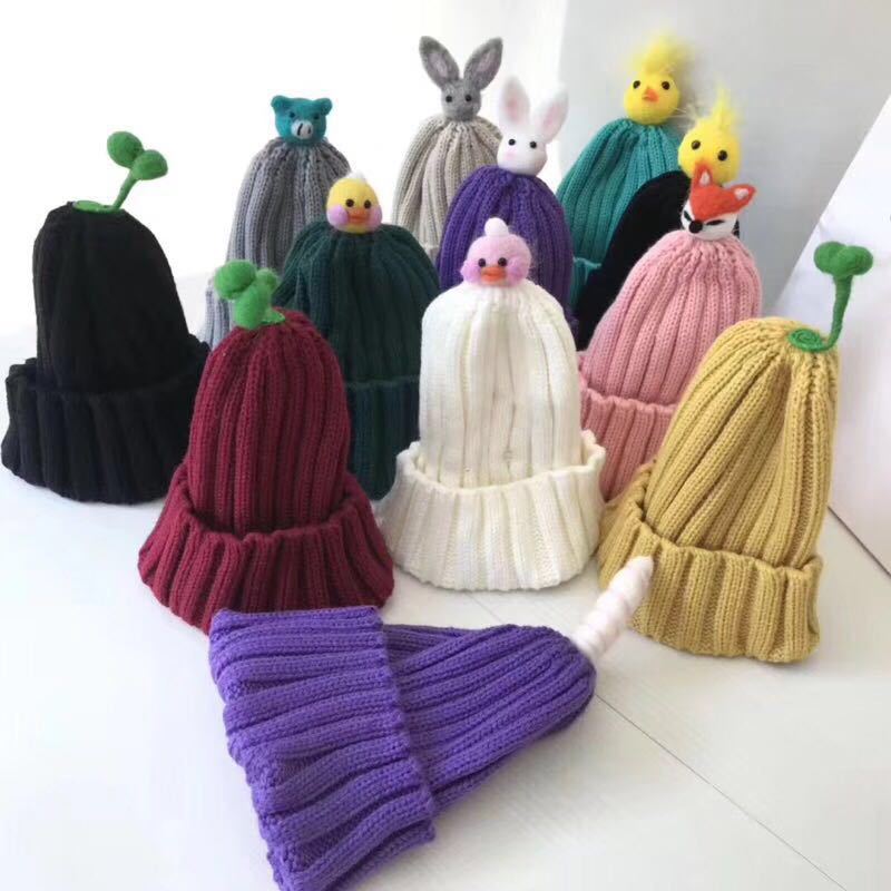 2019 New Wool Felt Animal Head Children's Knitted Hat Rabbit Bean Sprouts Grass Baby Wool Knitted Hat