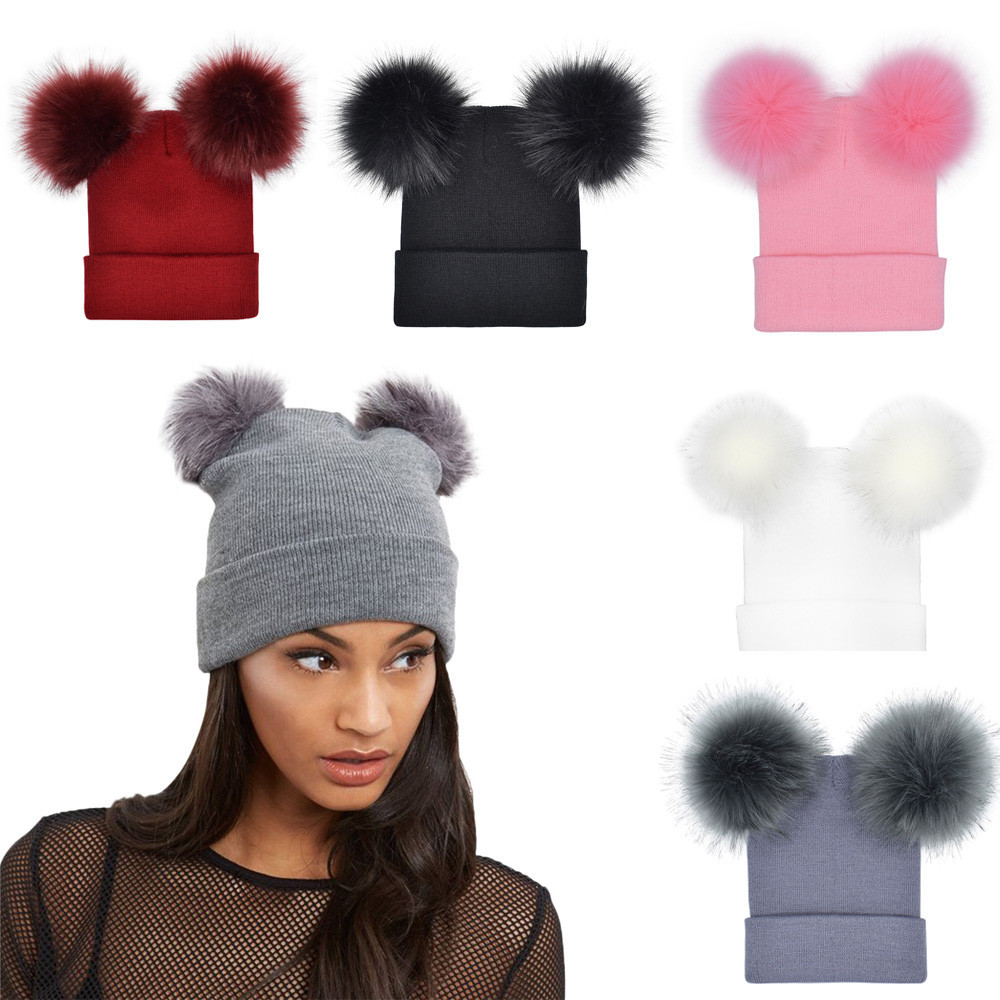 Europe and the United States foreign trade express wish new double hairball knitted hat autumn and winter imitation fox hair set woolen hat woman full figure