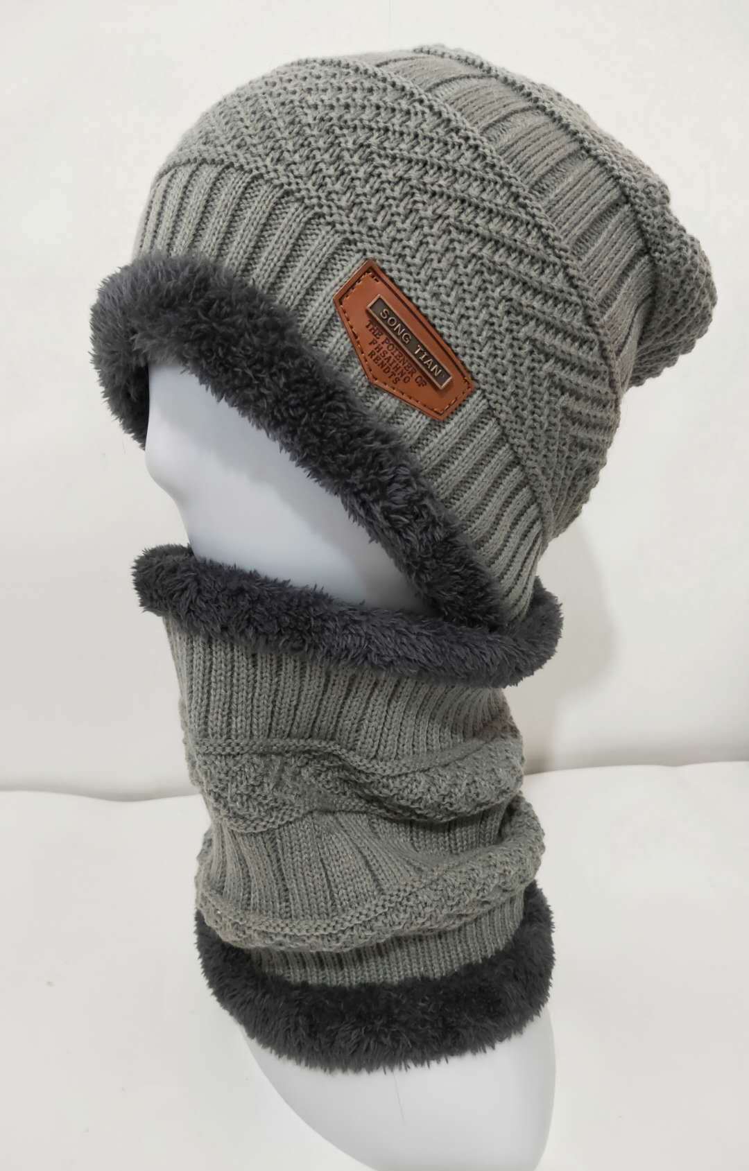 Aliexpress Autumn And Winter Plus Fleece Hat Men's Knitted Hat Neck Two-Piece Leather Label Wool Hat