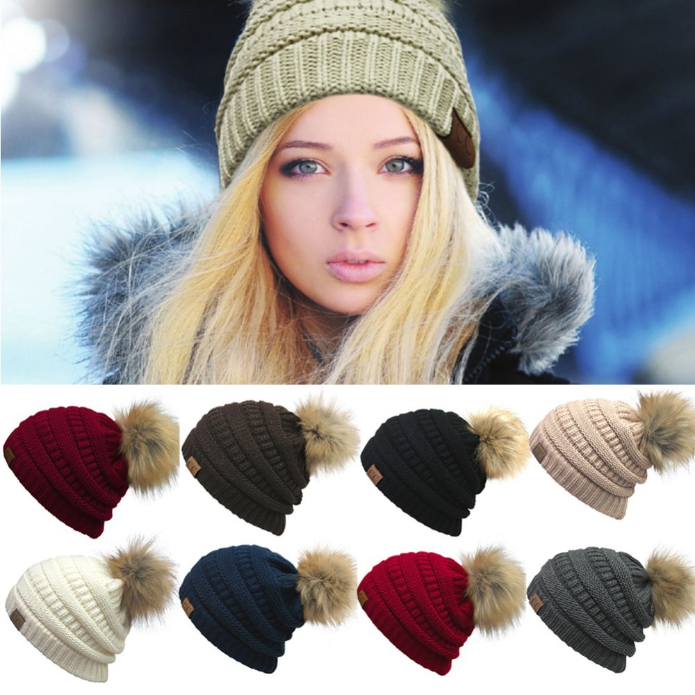 外贸欧美秋冬亚马逊ebay速卖通CC贴标针织帽 女士毛球毛线帽子
