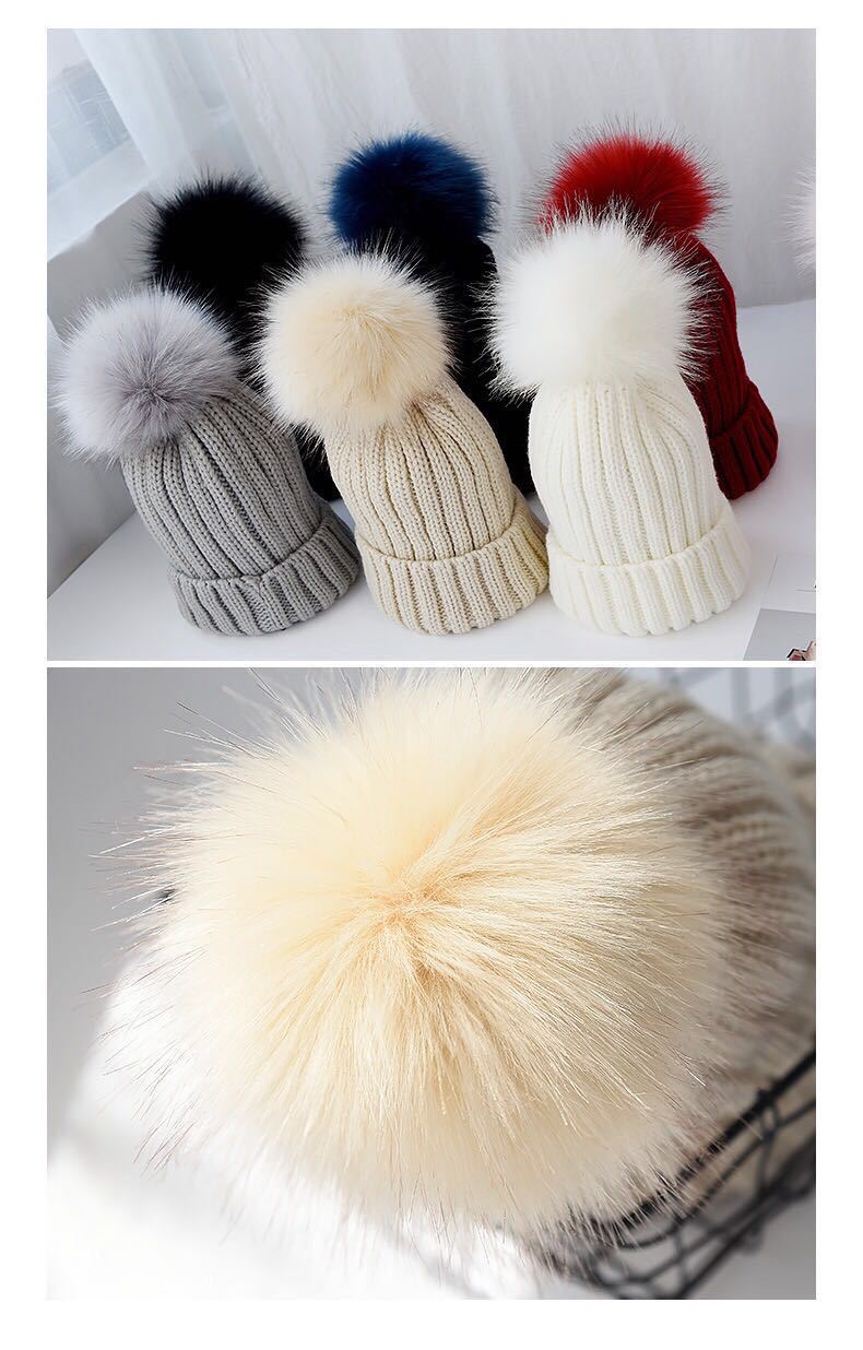 Aliexpress Amazon wish explosive hat foreign trade Europe and the United States imitation fox hairball knitted hat parent-child wool hat details Picture