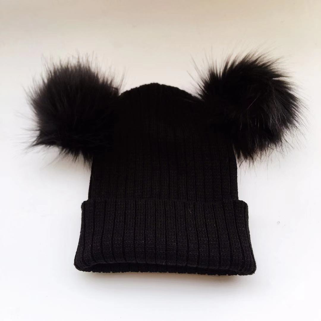 Aliexpress foreign trade burst imitation raccoon fur ball knitted hat autumn and winter color double ball woolen hat women's head cap Specification drawing