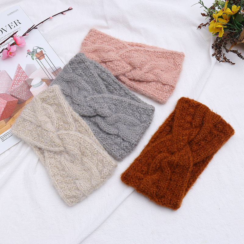 秋冬季时尚仿貂绒麻花针织发带纯色简约弹力毛线发带发箍束发巾产品图