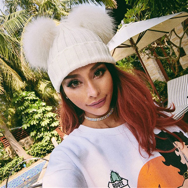 Aliexpress foreign trade burst imitation raccoon fur ball knitted hat autumn and winter color double ball woolen hat women's head cap full figure