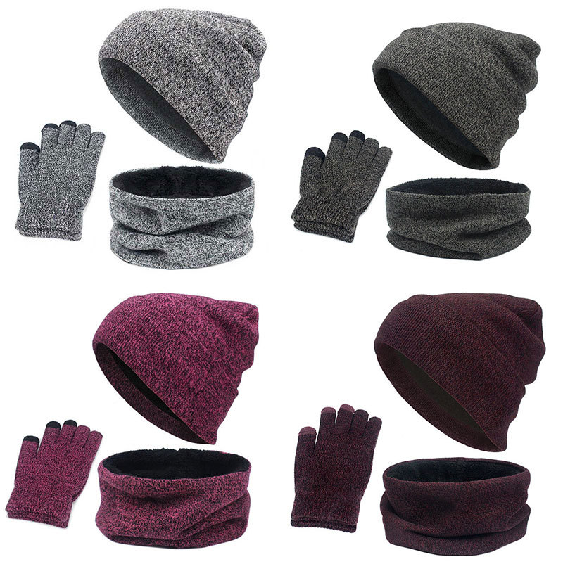 European And American Foreign Trade Aliexpress Explosive Hat Set Autumn And Winter Men Warm Wool Hat Scarf Gloves Three-Piece Set