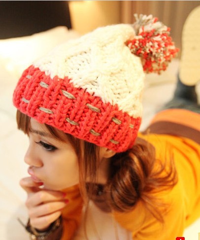 M210 high quality winter hat color matching big ball wool hat diamond colored ball Korean knitted hat full figure