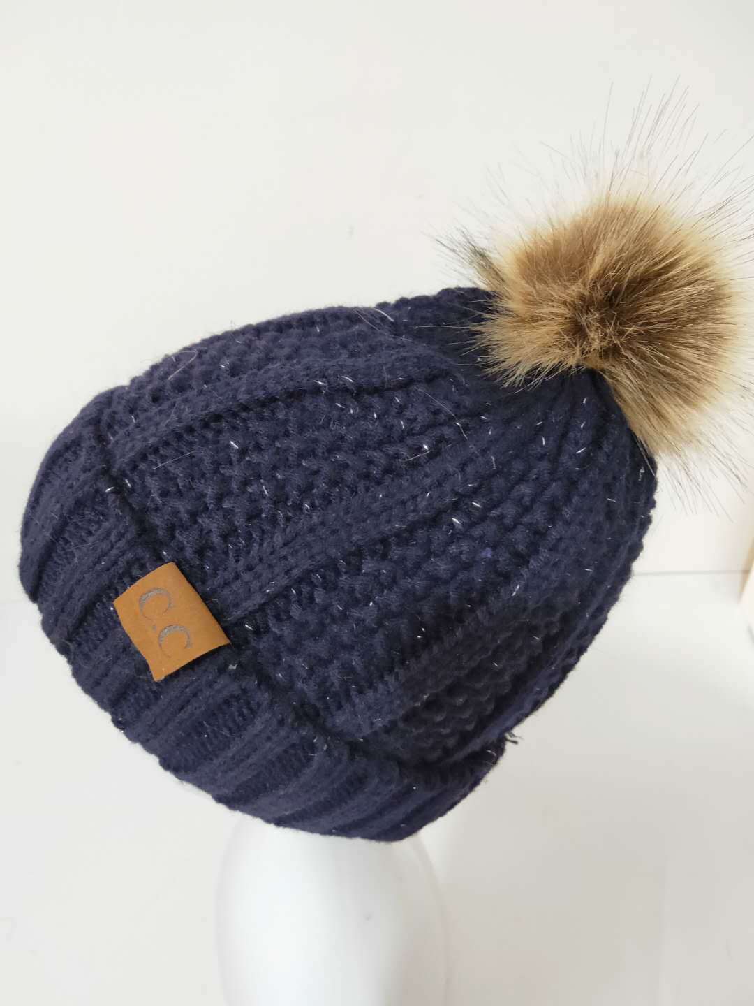 Aliexpress Amazon foreign trade explosive cap plus cashmere knit cap cc patch cloth hairball woolen cap winter woman details Picture